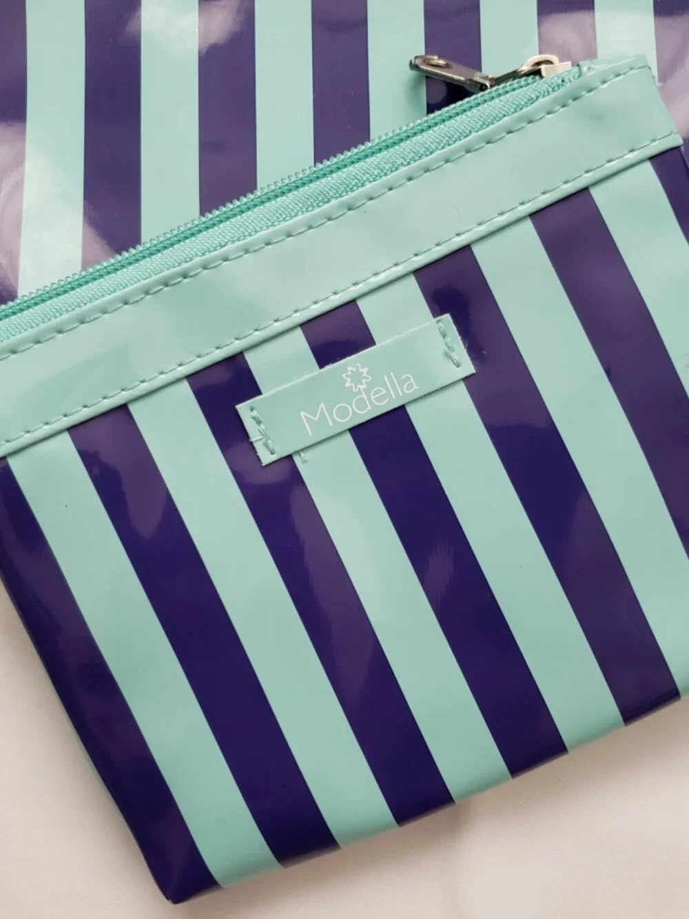 Modella navy & mint stripe travel make up cosmetic matching bag set